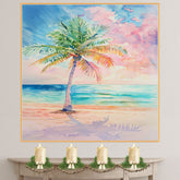 Palm Tree Overlooking Tranquil Ocean in Soft Watercolor Sunset Painting on Ready to Hang 1.5" Thick Canvas Wrap, Floating Framed Canvas, Flat Rolled Canvas